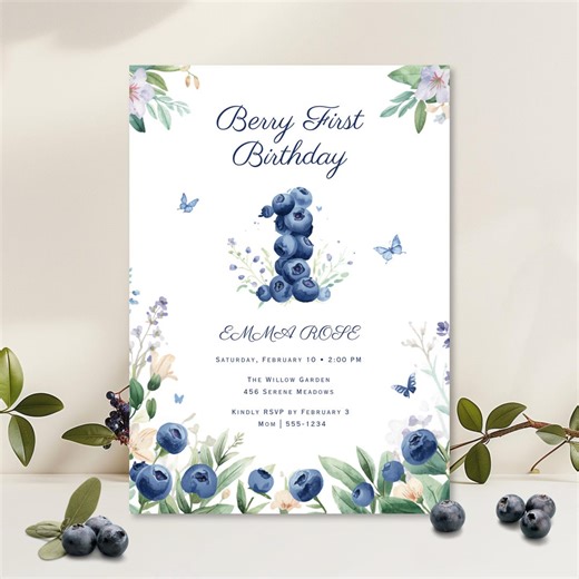 Blueberry First Birthday Invitation Editable Canva Blueberry Birthday Invitation Berry First Birthday Invitation Printable Instant Download - Etsy