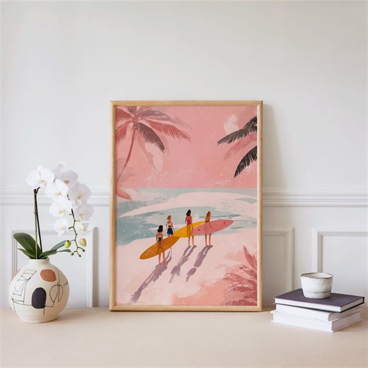 Surf Girls Print, Pink Beach Poster, Coastal Summer Art (digital Download) - Etsy