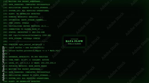 Futuristic AI System Core Interface with Cyber Security Data Flow and Green Coding Terminal.