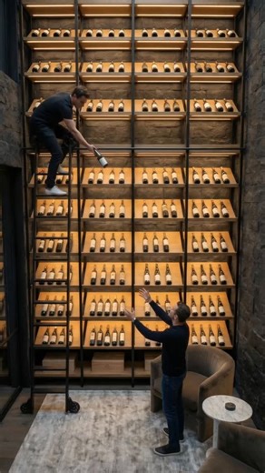 Architect and interior design on Instagram: "The Wine Library 🍷 From the first sketch to the final toast. 🍷 This custom wine wall combines black steel, light oak, and a rolling library ladder to create a space that’s as functional as it is beautiful. Cheers to the details! #winelibrary #interiordesign #luxuryinteriors #architecturedetails #bespokedesign"