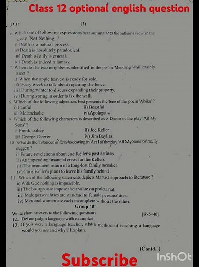 Neb class 12 optional english question paper 2082