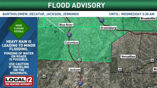 ⚠️ A Flood Advisory has been issued for Bartholomew, Decatur, Jennings, Brown, Jackson, Johnson, Monroe, Morgan, Shelby County until 3/04 3:30AM. Minor flooding is possible including ponding of water on roads. Use caution if traveling. | Meteorologist Anne Campolongo
