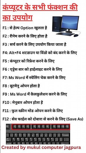 F1 to F12 Function key use of PC फंक्शन की का उपयोग Function key working in computer #computer