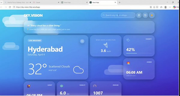 #react #webdevelopment #javascript #openweatherapi #pinnaclelabs #internship #skyvision #frontend #tailwindcss #vercel #github #aiml #sriinducollege | Bandla Laxmi