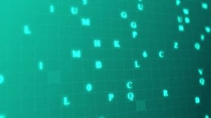 Teal glowing letters and numbers matrix abstract background, horizontal composition. Technology background. Slow version.