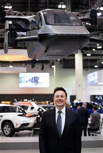 A photograph of Elon Musk admiring a futuristic flying car at a high-tech exhibition.