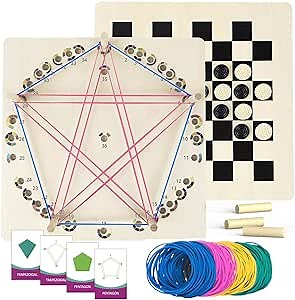 Upgraded Wooden Geoboard with Othello Board Set – Dual-Purpose Creative Pattern Board with Rubber Bands and Cards, Family Puzzle & Strategy Game