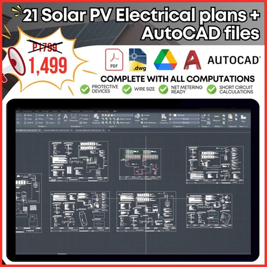 𝐒𝐎𝐋𝐀𝐑 𝐏𝐕 𝐄𝐋𝐄𝐂𝐓𝐑𝐈𝐂𝐀𝐋 𝐏𝐋𝐀𝐍𝐒 𝐓𝐄𝐌𝐏𝐋𝐀𝐓𝐄𝐒 ❗️❗️ Take all 21 Solar Electrical plans AutoCAD files 𝗙𝗢𝗥 𝗢𝗡𝗟𝗬: ₱𝟭,𝟰𝟵𝟵 𝐏𝐚𝐲𝐦𝐞𝐧𝐭 𝐎𝐩𝐭𝐢𝐨𝐧 📌G-cash: (Melkee O.) 09062484623 📌BPI (Melkee Ocray) 6056258556 📌𝐒𝐨𝐥𝐚𝐫 𝐏𝐕 𝐋𝐚𝐲𝐨𝐮𝐭 𝐃𝐫𝐚𝐰𝐢𝐧𝐠 𝐈𝐧𝐜𝐥𝐮𝐝𝐞𝐬 ✅Single Line Diagram (SLD) ✅Design analysis from PV to Inverter ✅String computations 📌𝐃𝐂 𝐏𝐫𝐨𝐭𝐞𝐜𝐭𝐢𝐯𝐞 𝐄𝐪𝐮𝐢𝐩𝐦𝐞𝐧𝐭 ✅DC Breaker computation ✅DC Breaker rating ✅DC Wire rating ✅DC