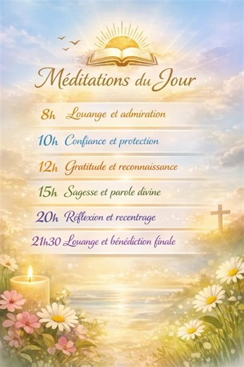 🕒 15h – Résister à la corruption du monde Ici on entre dans le réel : corruption, manipulation, mensonge, infidélité, recherche d’intérêt personnel. Pourquoi certains tombent et d’autres tiennent ? Parce que les racines ne sont pas au même endroit. Cette méditation montre que la vraie protection n’est pas extérieure, mais intérieurement construite au fil des années avec Dieu. 🎙️ Message clé : Je ne vis pas selon les racines du monde, mais selon les miennes en Dieu.