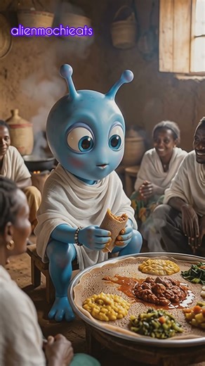 Alien Mochi Tries Traditional Injera Food ASMR | Calm Village Food Sounds