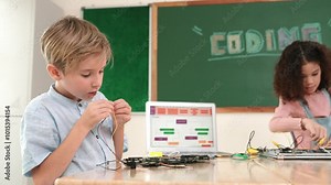 Diverse student working electronic board while laptop screen display coding engineering prompt and programing AI generated software. American girl inspect equipment while boy fixing machine. Pedagogy.