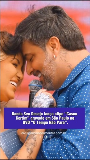 ANA LIDIA BARBOZA | DIVULGAMAISDORMENTES/ Divulgações Comerciais on Instagram: "A banda Seu Desejo lançou o clipe da música “Casou Certim”, gravado em São Paulo, durante a produção do DVD O Tempo Não Para. A gravação aconteceu no Parque Ibirapuera e reuniu cerca de 15 mil fãs, que cantaram junto do início ao fim. A música abre oficialmente o DVD, que conta com 15 faixas e participações especiais de Luísa Sonza, Murilo Huff, Nattanzinho Lima e Flay. O clipe e a canção já estão disponíveis nas pla