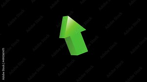 Realistic 3D Animated Arrow. Animation design element. Pointer arrow 3d illustration isolated on black background. Arrow icon for graphic design. Green arrow illustration points up.
