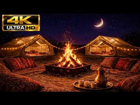 Ramadan Campfire Night in the Desert 🌙🔥4K | Arabic Coffee & Crescent Ambience (4H) خلفية أجواء رمضان