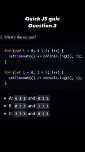 Answer Explanation ⬇️ || SAVE FOR LATER 📲 Answer: C Because of the event queue in JavaScript, the setTimeout callback function is called after the loop has been executed. Since the variable i in the first loop was declared using the var keyword, this value was global. During the loop, we incremented the value of i by 1 each time, using the unary operator . By the time the setTimeout callback function was invoked, i was equal to 3 in the first example. In the second loop, the variable i was decl