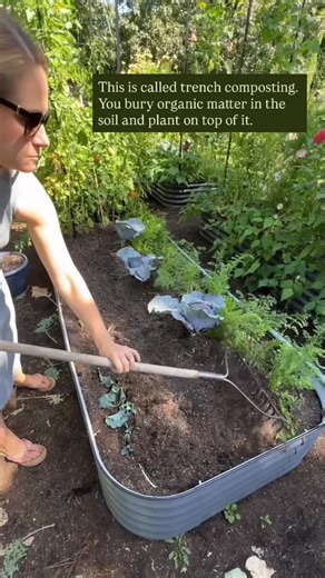 Erin Berkyto 🌸 Seasonal Living on Instagram: "The easiest composting method of all! 🪴♻️🪱 Trench composting is an effective composting technique and is perfect for small spaces because you do not need a composter or composting system. You simply dig a trench, fill it with organic matter, and backfill it with the surrounding soil. This replenishes the soil, adds nutrients, and improves soil quality, which feeds the successive plants growing above it. I love using this method when rotating crops