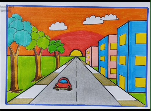 Colorful Sunset City Road Drawing | Easy Scenery Art | Step By Step Drawing #drawing #pencildrawing #easydrawing #art #ABCDrawing
