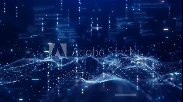 Digital information technology concept. Cybersecurity and protection system from online crime threats. Data Analytics or Data Science. Binary code polygons connected on dark blue background.