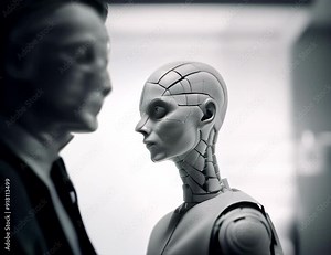 A humanoid attacks the man with a sonic blast; the man is frightened, and the robot is triumphant