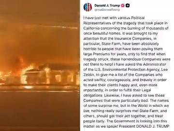 🚨 WOW! President Trump just said he's GOING AFTER insurance companies such as State Farm who are screwing people over following the California firesEPA Admin Lee Zeldin is now going to give 47 a list of names 🔥"It was brought to my attention that the Insurance Companies, in particular, State Farm, have been absolutely horrible to people that have been paying them large Premiums for years, only to find that when tragedy struck, these horrendous Companies were not there to help!""I have asked th