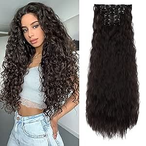 FLUFYMOOZ Clip In Hair Extensions,6PCS Hair Extensions Long Mermaid Waves Wavy Synthetic Clip On Hairpiece For Women 24 Inch (Black Brown)