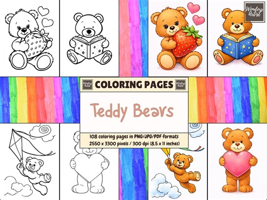 Teddy Bears Coloring Pages | 105 Printable Pages | PNG/JPG/PDF Format | for Kids and Adults | Digital Download | 8.5x11 Inches - Etsy Australia