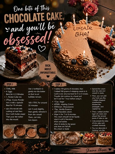 One bite of this chocolate cake, and you'll be obsessed! Recipe : STEP.1 75ML. Milk 4. Eggs Beat for 4_5 Minutes 1. Packet Cake mix 3Tbsp. Cocao Powder mix it with a spatula Beat for 10 minutes spry the mould with cooking oil and then line it with butter paper Then pour the batter into the mould. Use a toothpick to gently mix the batter so that no air bubbles remain. 160–170°C for around 30 minutes Let it cool slightly, then gently remove it from the mould. Then, cut into two layers STEP.2 I mel