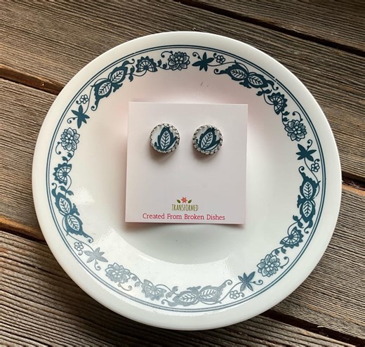 Corelle Old Town Blue Large Earrings - 15mm Stainless Steel Crown Style Setting -broken China Earrings - Created From a Broken Plate. - Etsy UK