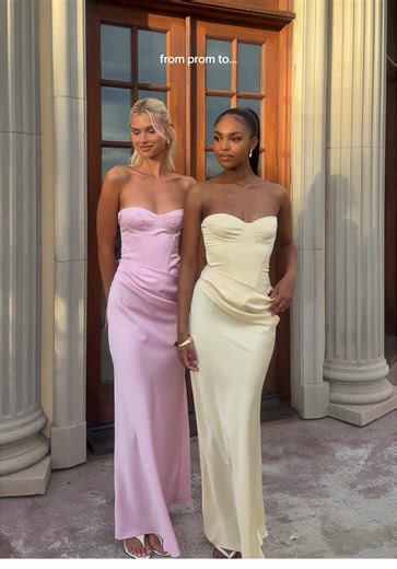 The looks that take you from prom to afterparty! 💝 Shop our Emory Corset Maxi Dress, Kimana Halter Mini Dress & Bex Strapless Mini Dress online now! #peppermayo