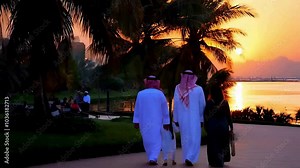 Middle eastern family having a walk in the park - sunset