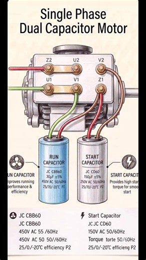 Single Phase Dual Capacitor Motor Wiring Diagram. #electrical #learn #foryou #mind