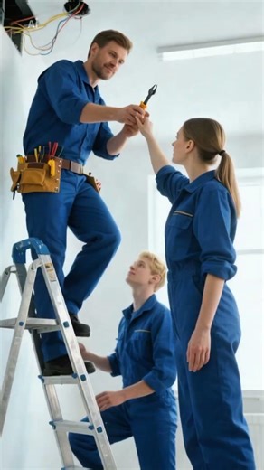 Electrician installing LED ceiling lights while others hold ladder and tools.#electrician #ytshorts