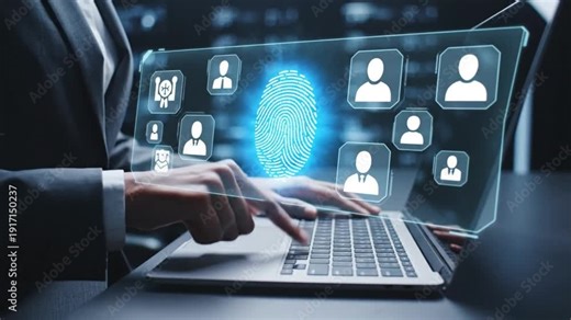 Professional accessing secure user profiles and digital identity verification through advanced biometric fingerprint scanning technology integrated with a laptop interface.