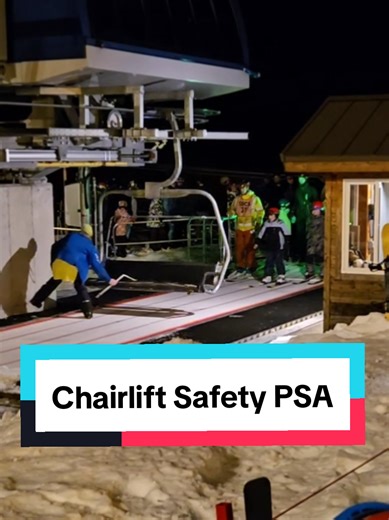 When this chairlift slammed on the brakes but I didn't see any problems in the loading area, I figured something happened up top. I wasn't expecting this though! It was a good reminder that when we're carrying poles, we should always lift them up in the offload zone in addition to our ski tips. Sometimes folks don't know this and try to use their poles to stand up or push off on the ramp. Since the chair is still traveling forward, this can lead to the pole tips getting stuck and the chair bendi