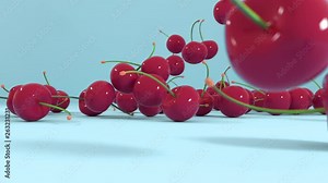 Abstract 3D rendering color cherry falling on differents pastel background. 4K animation.