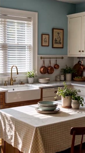 Charming Farmhouse Kitchen with Light Blue Island & Cream Cabinets