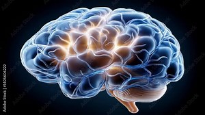 Illuminated Brain: A detailed anatomical rendering of a human brain, glowing with inner light, highlights the complex neural pathways and cognitive functions of the mind.
