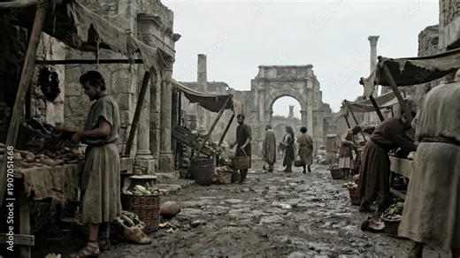 Roman era market scene with vendors selling produce on a muddy street, leading to an archway in ruins