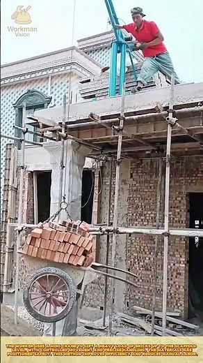 Worker Using Mini Crane to Lift Bricks Safely and Quickly