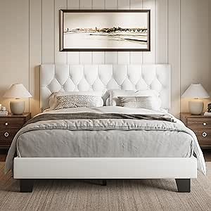 iPormis Upholstered Full Size Bed Frame with Button Tufted Headboard, Velvet Platform Bed with Thickened Support Legs, Noise-Free/No Box Spring Needed/Easy Assembly, White