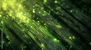 Bright green particles illuminate a dark wooden surface, creating a magical ambiance. The light contrasts sharply with the dark setting, enhancing the mystical effect of the particles scattered Stock Video
