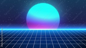 Retro Background Loop Animation, Retro High Tech Digital Background, Futuristic 80s Retro Animation Digital Background, Landscape Glowing Retro Bg, Retro Land Digital