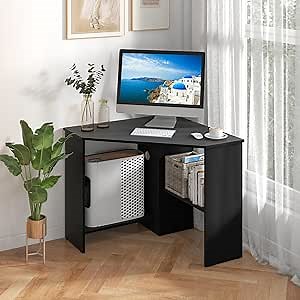 Corner Computer Desk, 90 Degrees Triangle Desk w/Shelves & CPU Stand, Compact Vanity Makeup Table with Storage, Corner Desks for Small Spaces (Black, 33.5'')