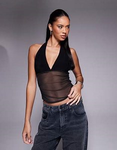 ASOS DESIGN slinky plunge halter top with ruched mesh in black | ASOS