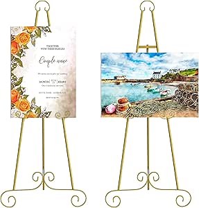 2 Pack Metal Round Tube Scroll Display Easel, Vintage Gold Decorative Large Adjustable Floor Standing Easel with Chain Support, Perfect for Showcasing Pictures, Artwork, Picture Frame Wedding Sign Etc