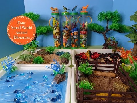 Four Small World Animal Dioramas- Safari, Dinos, Sea, & Farm - Learn Animal Names