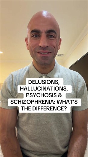 Delusions, Hallucinations, Psychosis & Schizophrenia: What’s the Difference? A hallucination is not psychosis. Psychosis is not schizophrenia. So what do these terms actually mean? These words are often used interchangeably, but clinically they mean different things. Understanding the difference between a psychotic symptom, psychosis, a psychotic disorder and schizophrenia can help us understand mental illness — and challenge stigma. #Psychosis #Schizophrenia #MentalHealth #Psychiatry #EndTheSti