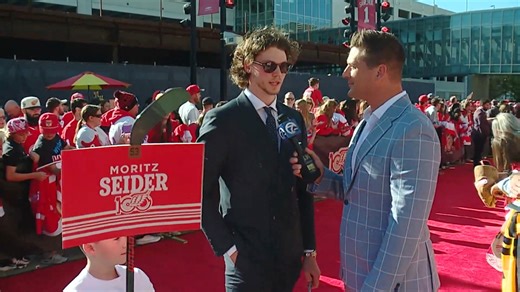 “Especially to see all the fans, it's a great atmosphere. It puts a little bit more pressure on us tonight. Just the whole year, it's going to be special.” Moritz Seider joined Brad Galli WXYZ on the red carpet before the Red Wings opener. | WXYZ-TV Channel 7