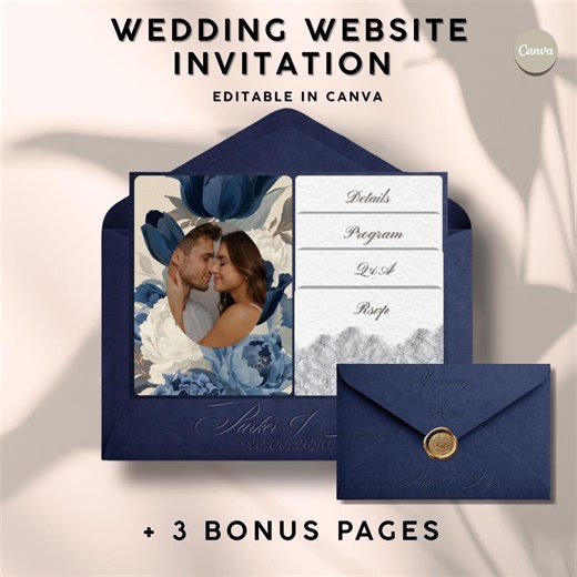 Blue Wedding Website Invitation | Editable in Canva Incl 3 Bonus Pages - Etsy