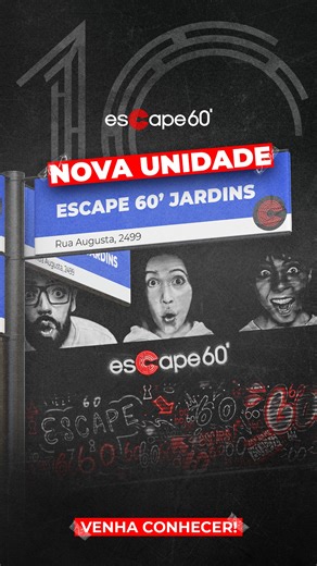 Escape 60' on Instagram: "CONHEÇA A NOVA UNIDADE DO ESCAPE 60’! Celebrando 10 anos de enigmas, inovação e muitas experiências marcantes, o Escape 60’ estreia a Unidade Jardins, localizada na Rua Augusta em São Paulo A abertura da unidade contará com com as atrações: 🍍 Bob Esponja e o Sumiço de Gary; 🕶️ CSI: Miami; 🏍️ P.S. - Você é o Próximo; ☠️ Corredor da Morte; 👨‍⚕️ Manicômio de Zagreb; 👀 E mais salas vindo aí! Além disso, temos salas com opção de jogo e